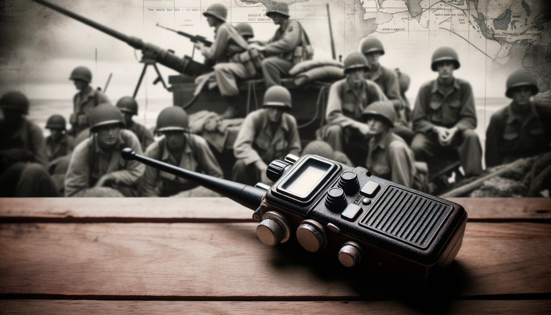 Vintage World War II walkie-talkie on wooden table with soldiers in background