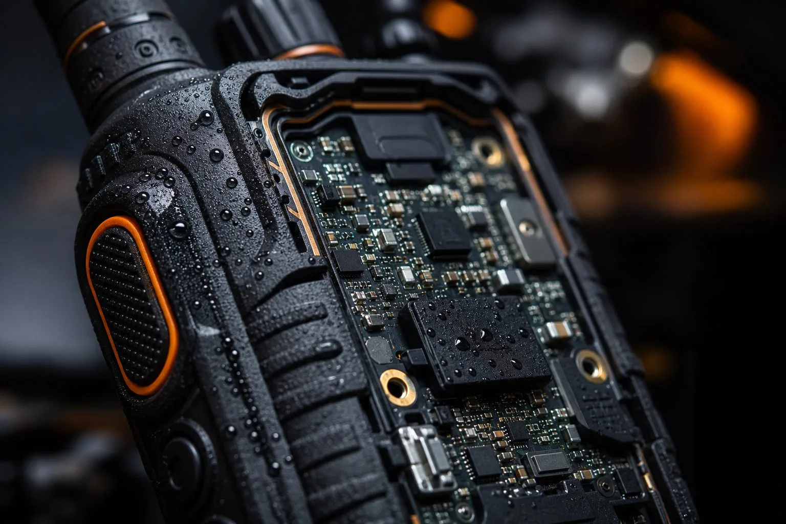 Close-up of rugged walkie talkie circuit board and reinforced housing engineering