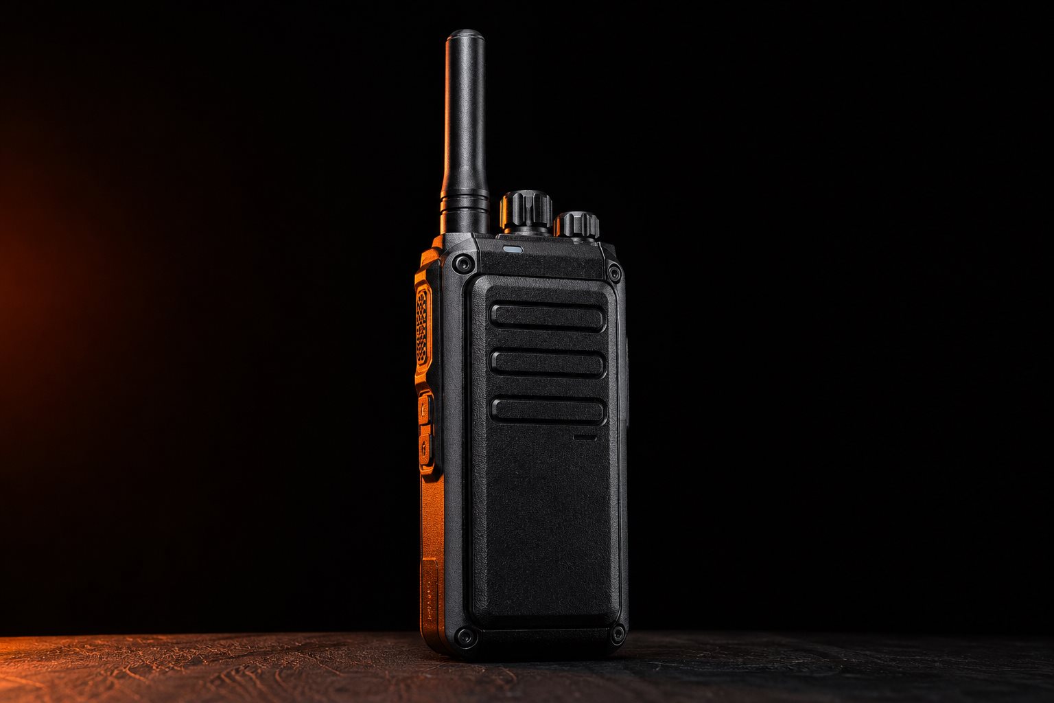 Rugged LUOTWO PoC LTE walkie talkie with antenna on dark background with orange accent lighting