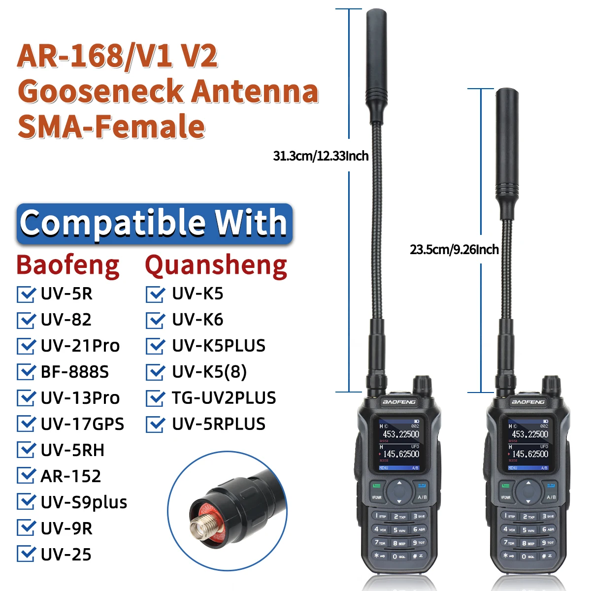 Antenne Tactical AR-168 Gooseneck - Dual Band SMA-Female pour Quansheng et Baofeng UV Series