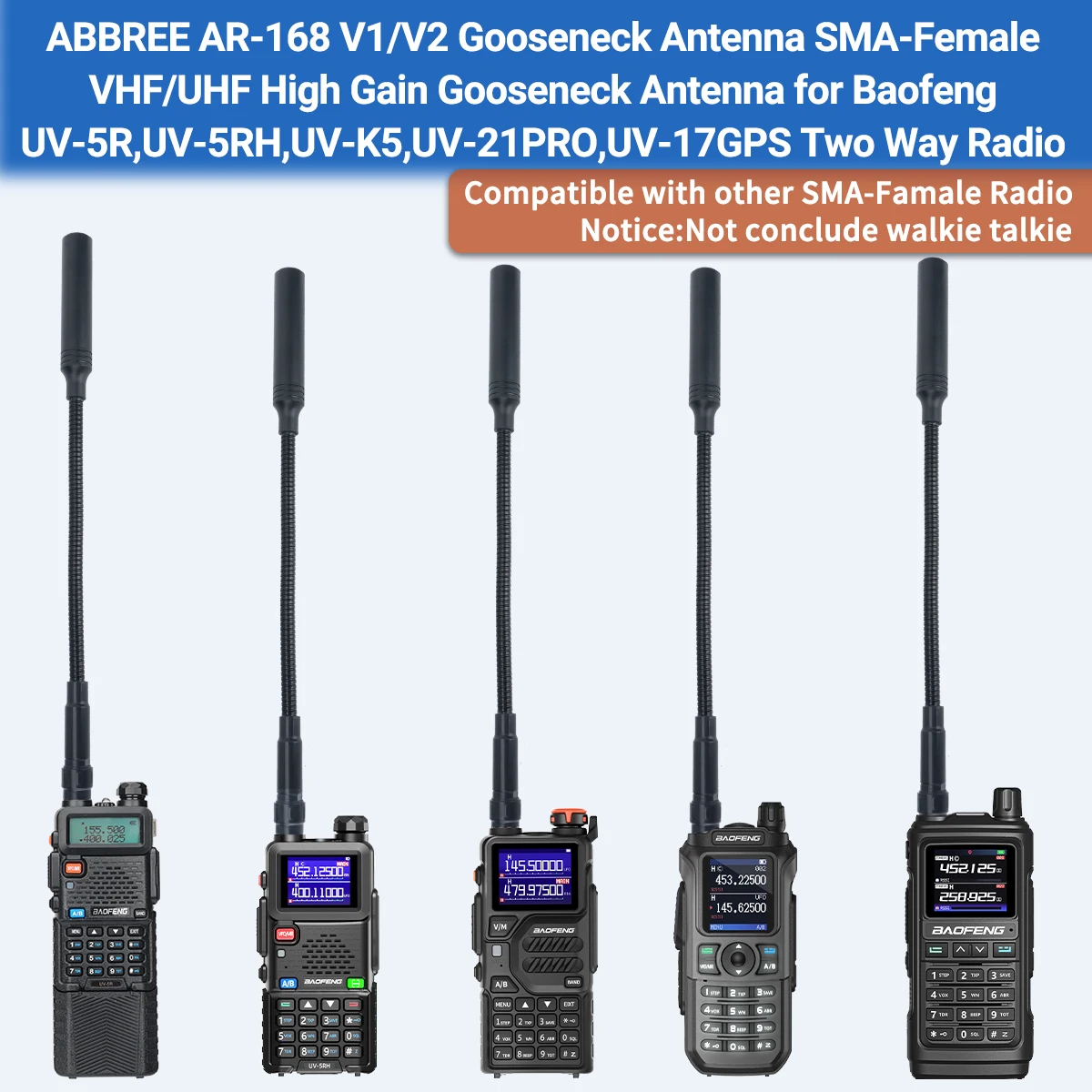 Antenne Tactical AR-168 Gooseneck - Dual Band SMA-Female pour Quansheng et Baofeng UV Series