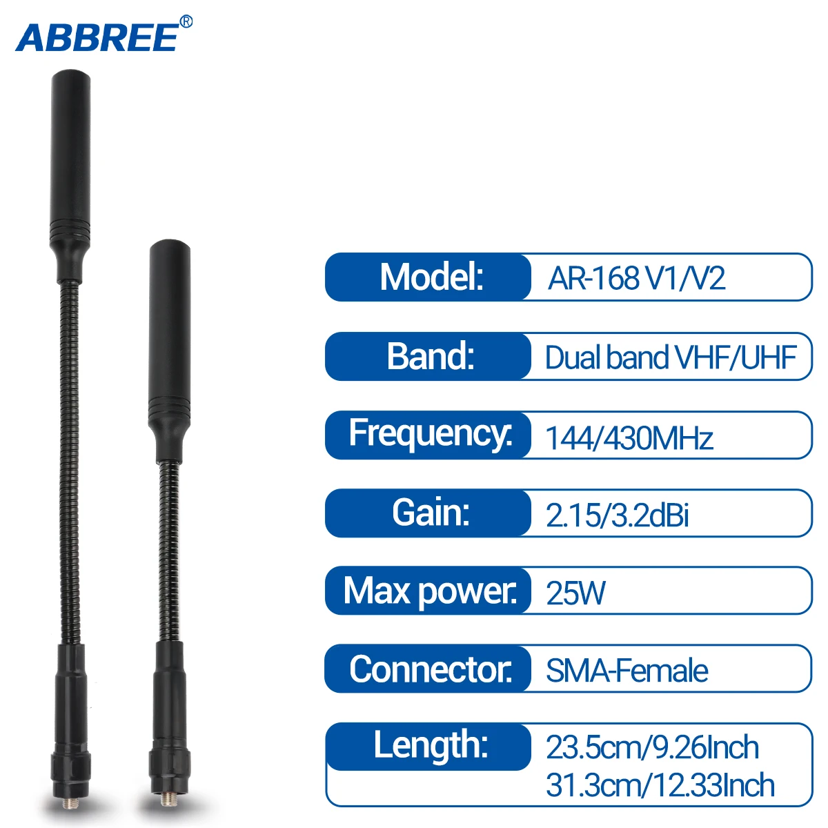 Antenne Tactical AR-168 Gooseneck - Dual Band SMA-Female pour Quansheng et Baofeng UV Series