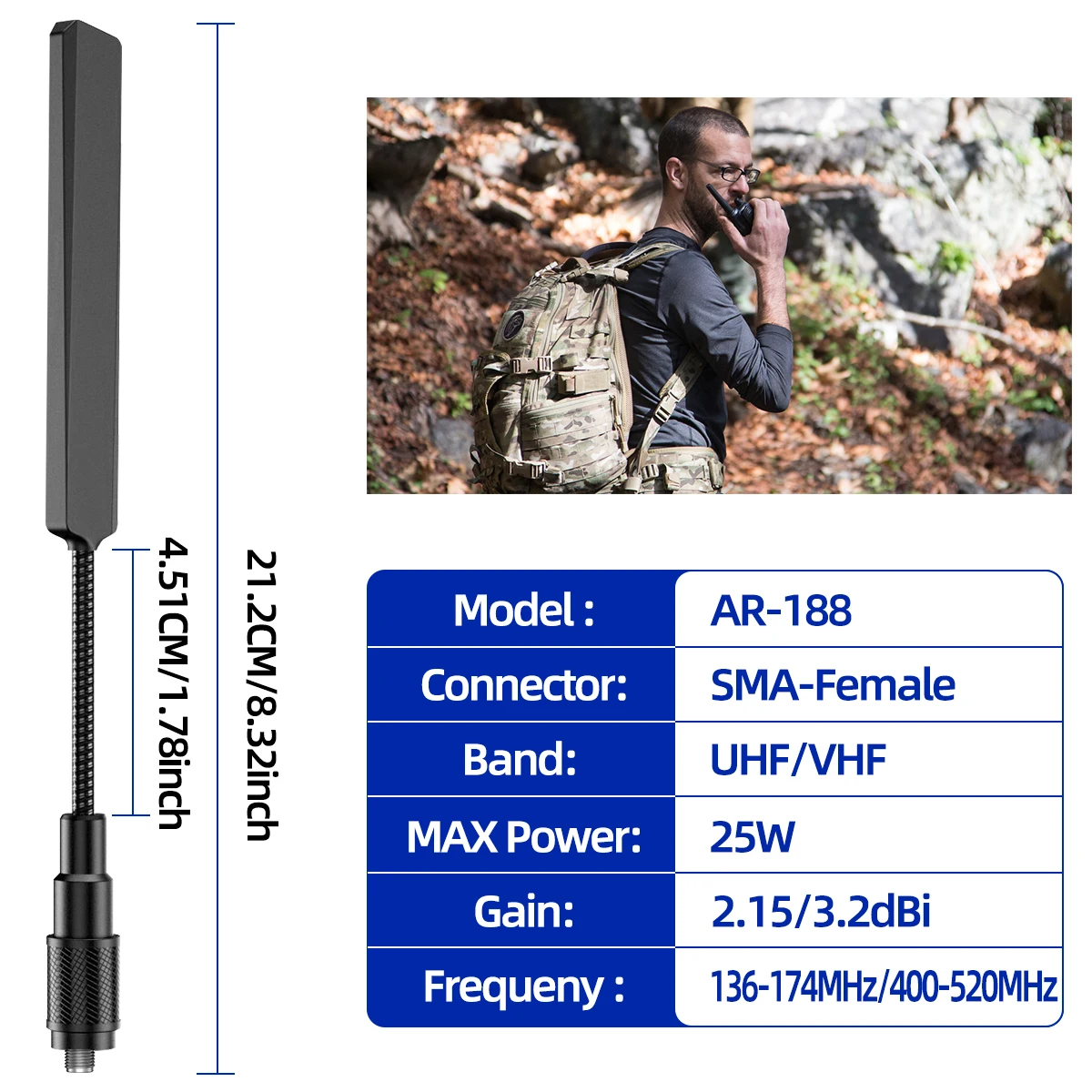 AR-188 SMA Female Antenna Dual Band 144/430MHz for Baofeng UV-5R & Quansheng Walkie Talkies - E
