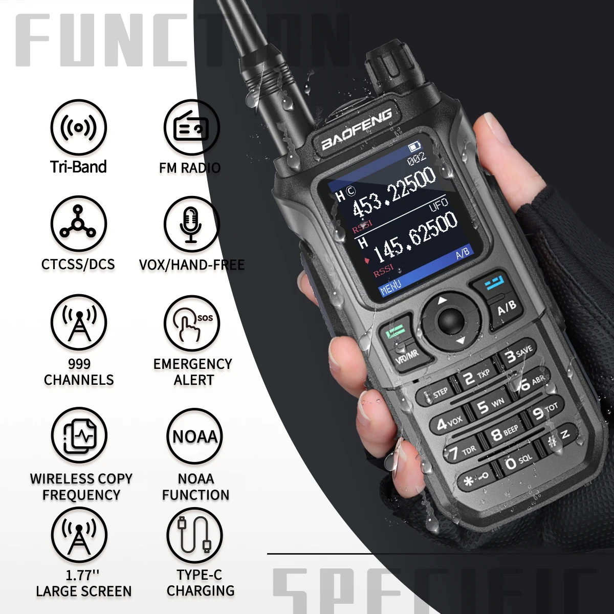 Baofeng UV-21 Pro: walkie talkie tri-banda à prova d'água com 999 canais e 16 km de alcance - recarregável via USB-C
