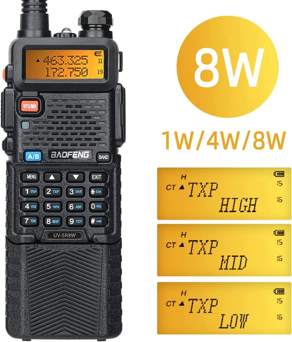 Walkie Talkie Baofeng UV-5R 8W – Radio Portátil de Doble Banda VHF/UHF, Alta Potencia y Largo Alcance (CB / Radioaficionado)