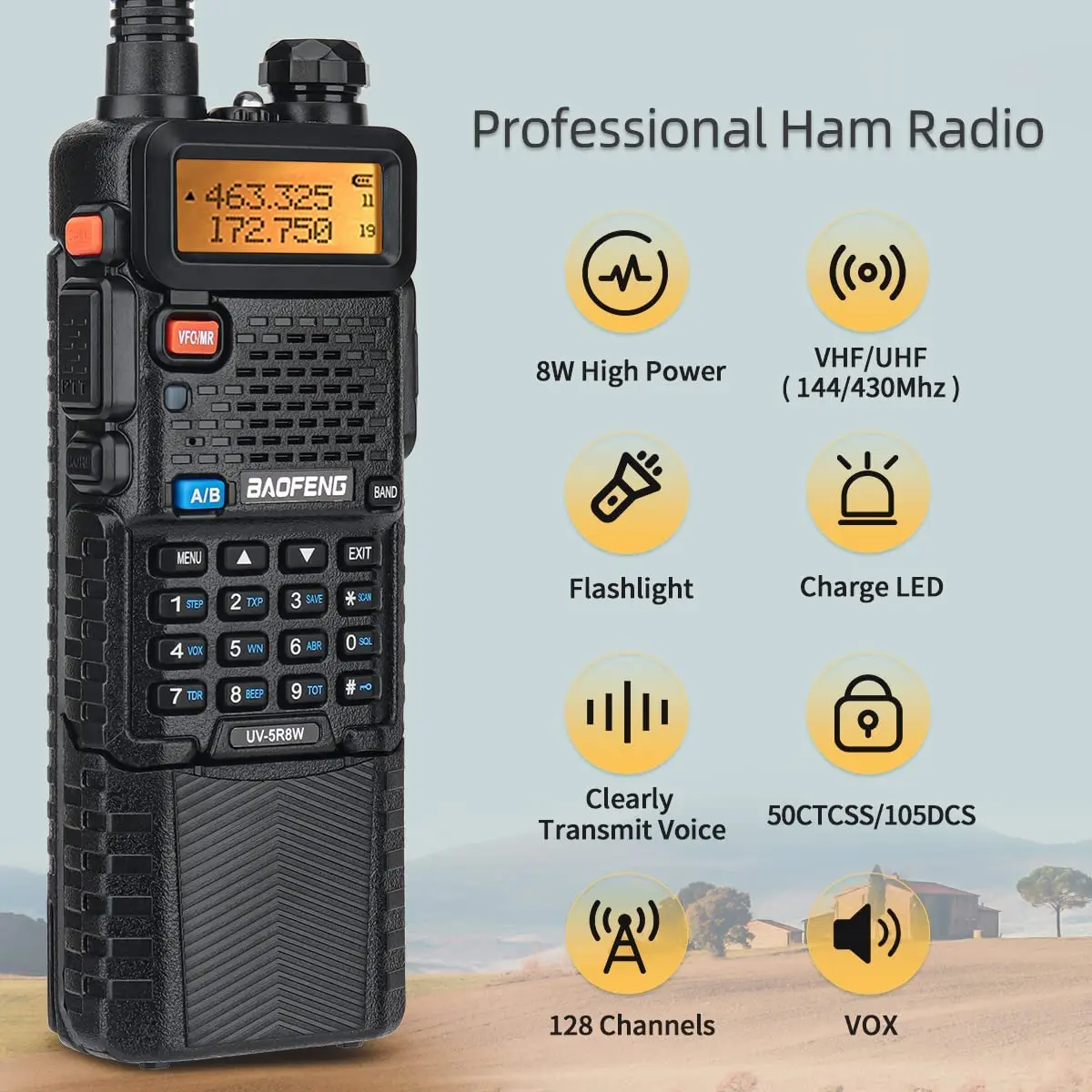 Walkie Talkie Baofeng UV-5R 8W – Radio Portátil de Doble Banda VHF/UHF, Alta Potencia y Largo Alcance (CB / Radioaficionado)