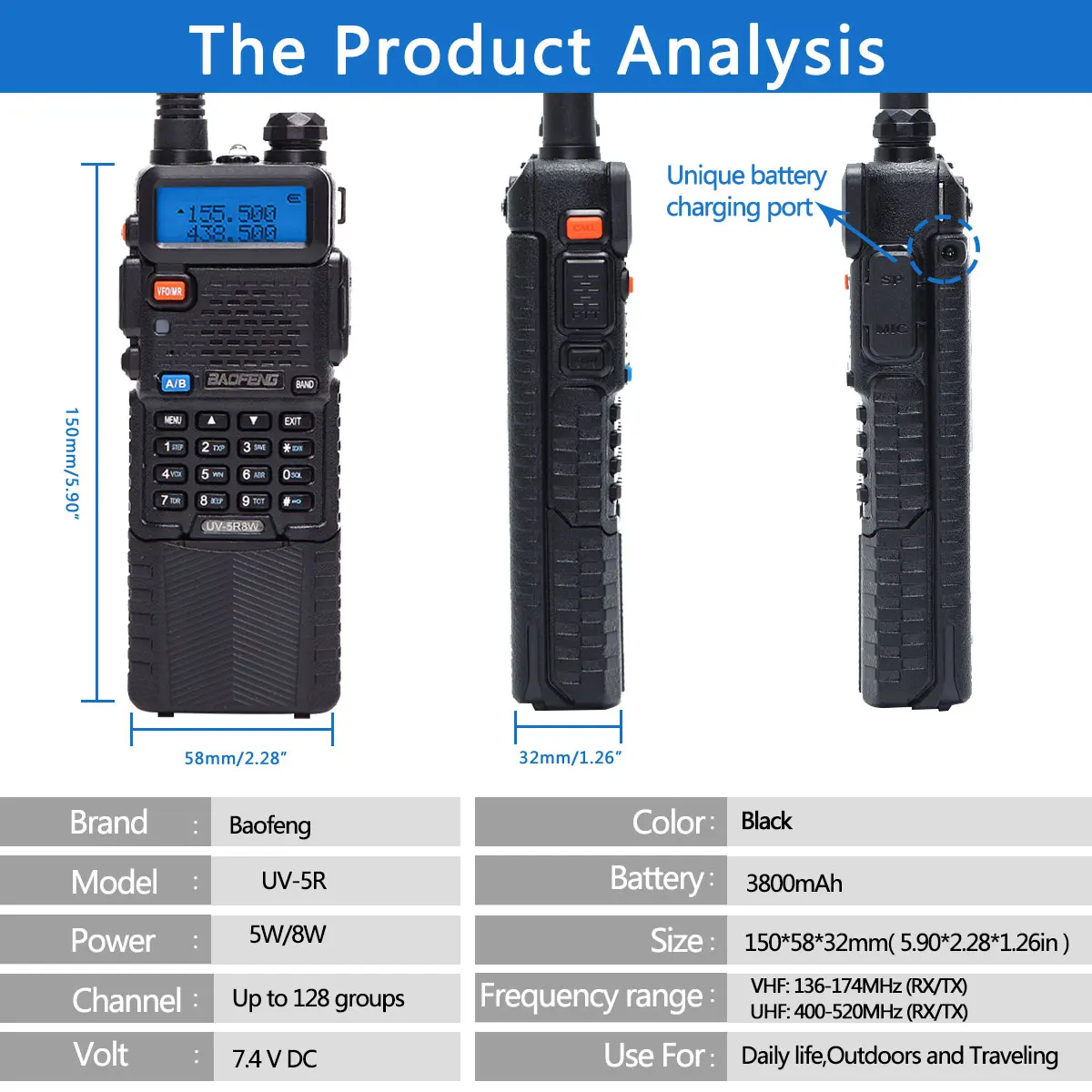Baofeng UV-5R Dual Band Walkie Talkie | 5W/8W VHF/UHF | 16KM Range | 3800mAh Battery | Reliable