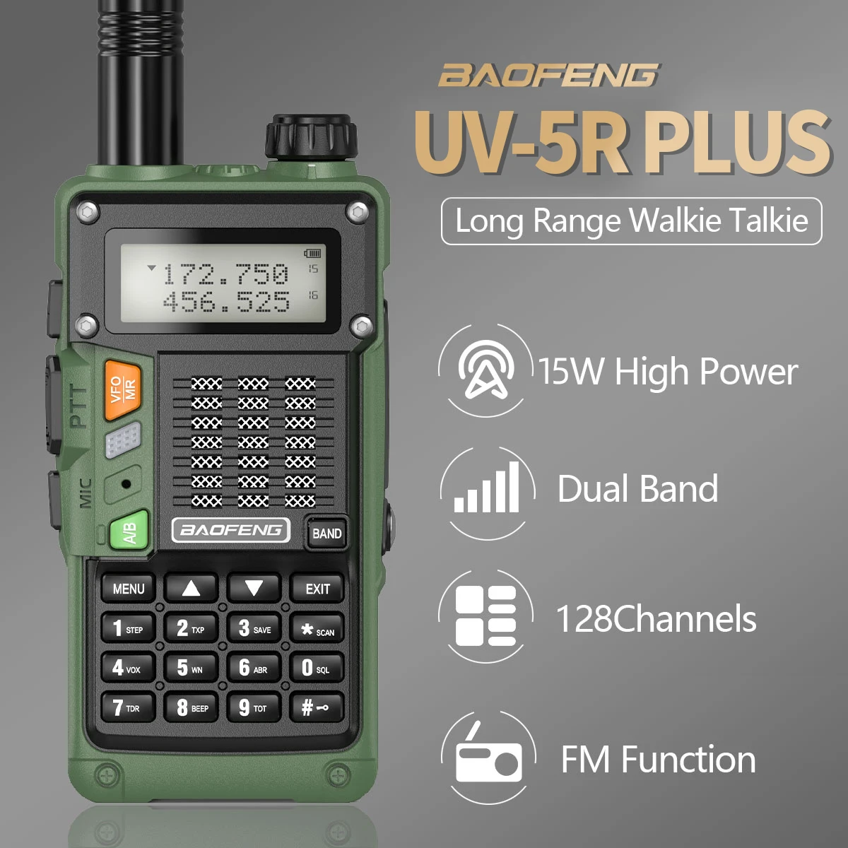 Baofeng UV-5R PLUS Walkie Talkie - 15W Dual Band, Long Range (50KM), USB Charging | High Power