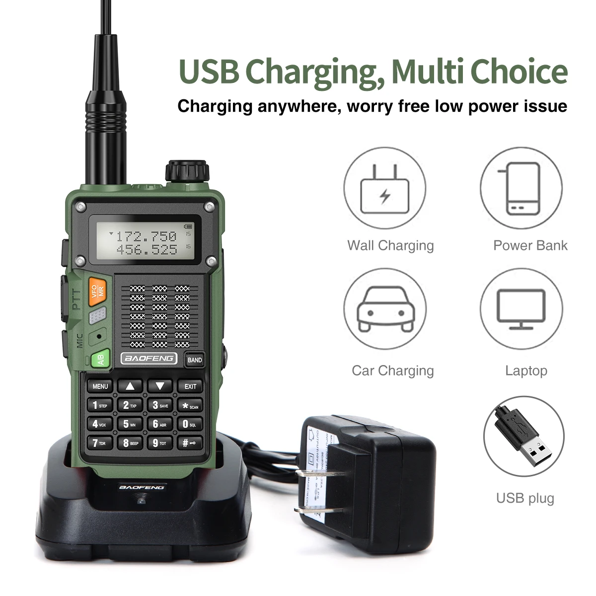 Baofeng UV-5R PLUS Walkie Talkie - 15W Dual Band, Long Range (50KM), USB Charging | High Power