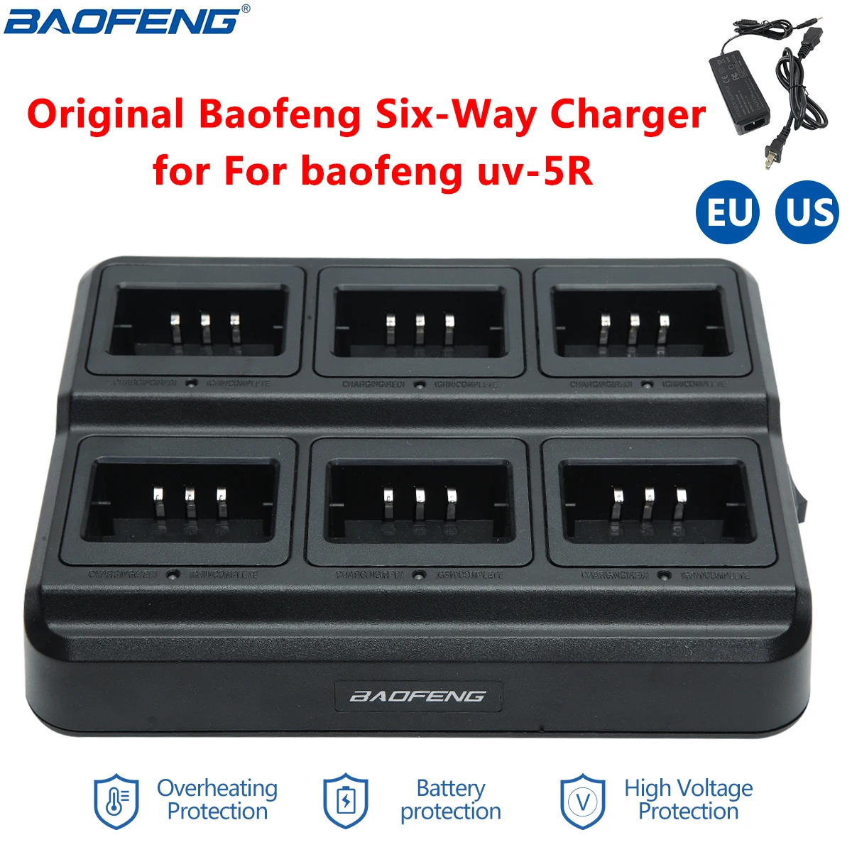 Chargeur Baofeng UV-5R 6 postes | Chargeur multi-appareils pour talkies-walkies UV-5RA UV-5RB UV-5RE | Compatible EU/US