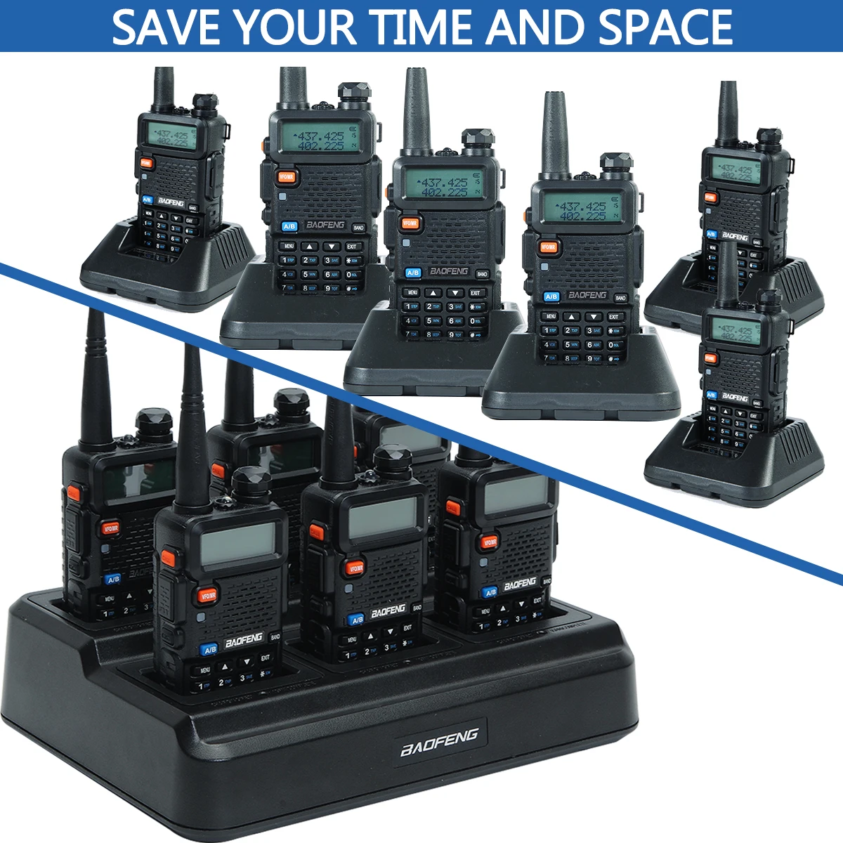 Chargeur Baofeng UV-5R 6 postes | Chargeur multi-appareils pour talkies-walkies UV-5RA UV-5RB UV-5RE | Compatible EU/US