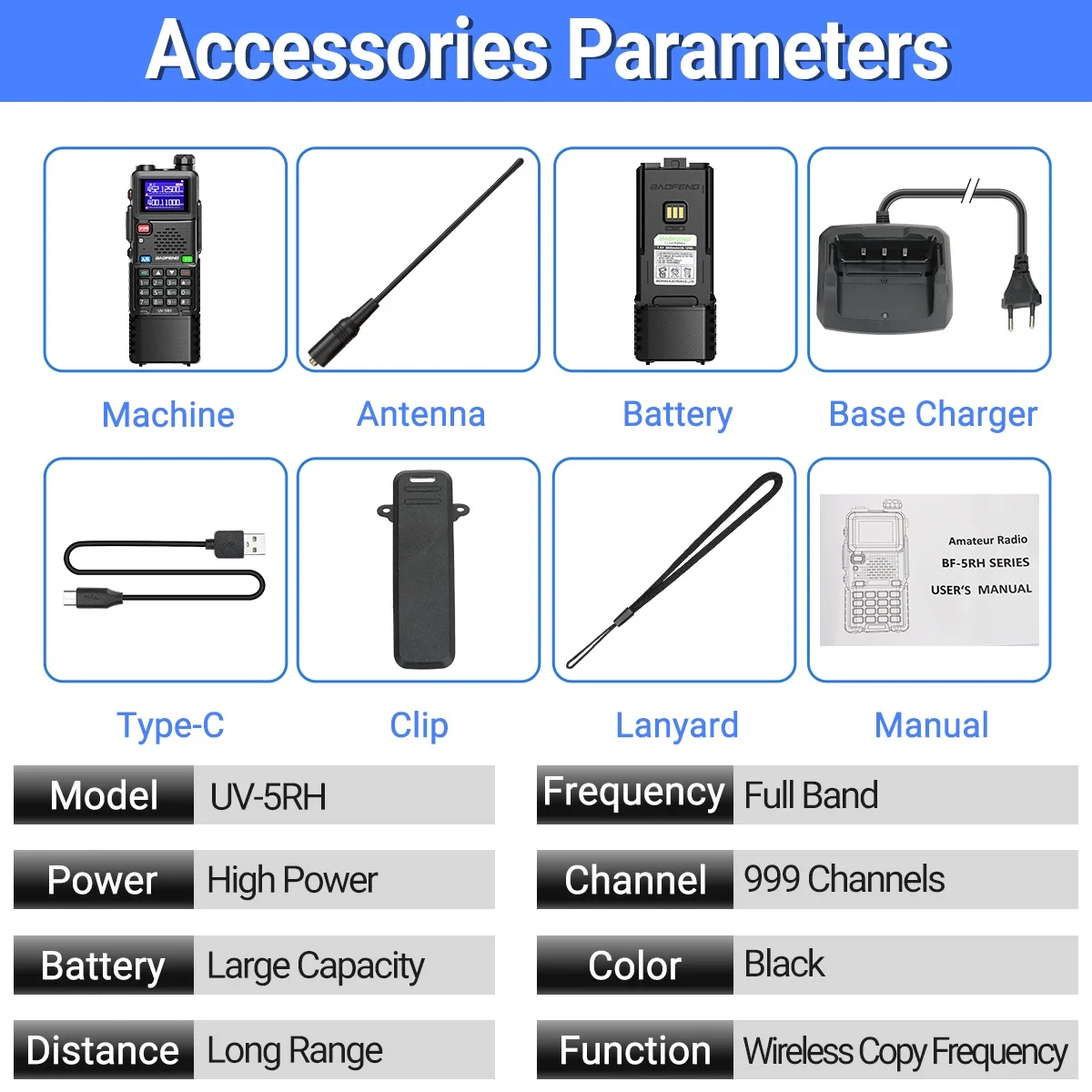 Baofeng UV-5RH PRO MAX : talkie-walkie Air Band 3800mAh puissant avec fréquence multibande et charge Type-C pour radioamateur