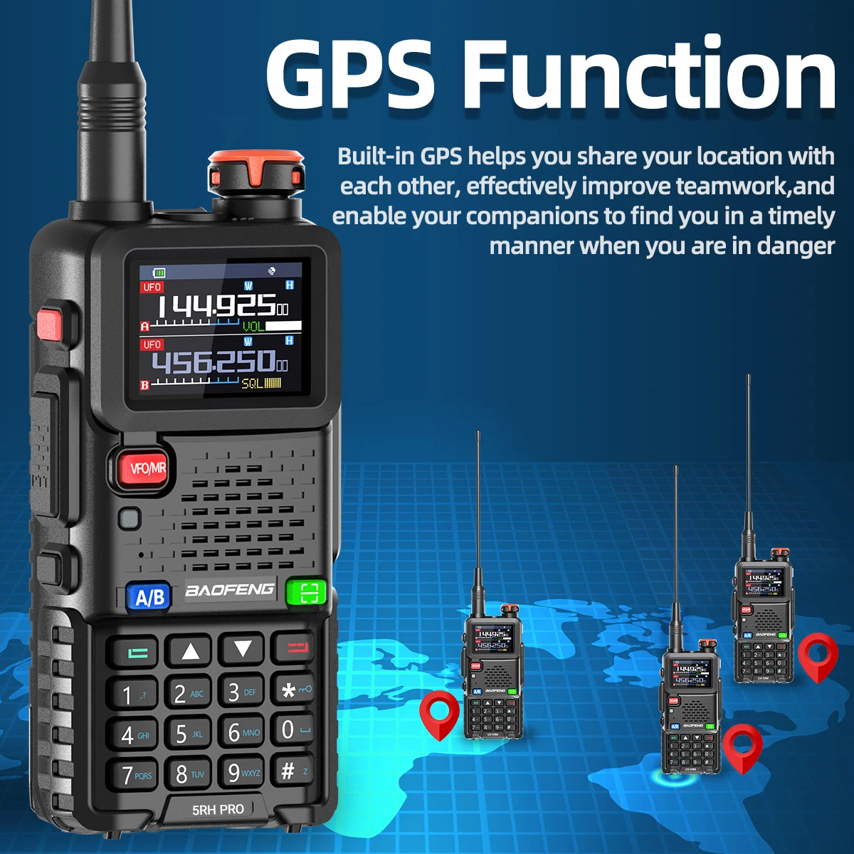 Baofeng UV-5RH PRO MAX GPS Walkie Talkie - Radio Ham Multibanda com Carregador Type-C e Cópia de Frequência