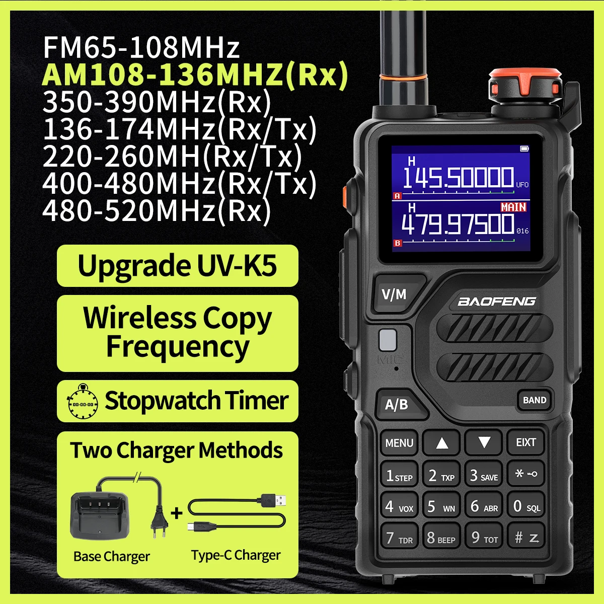 Baofeng UV-K5 Pro Walkie Talkie - 12W Air Band Ham Radio, Long Range Two Way Communication