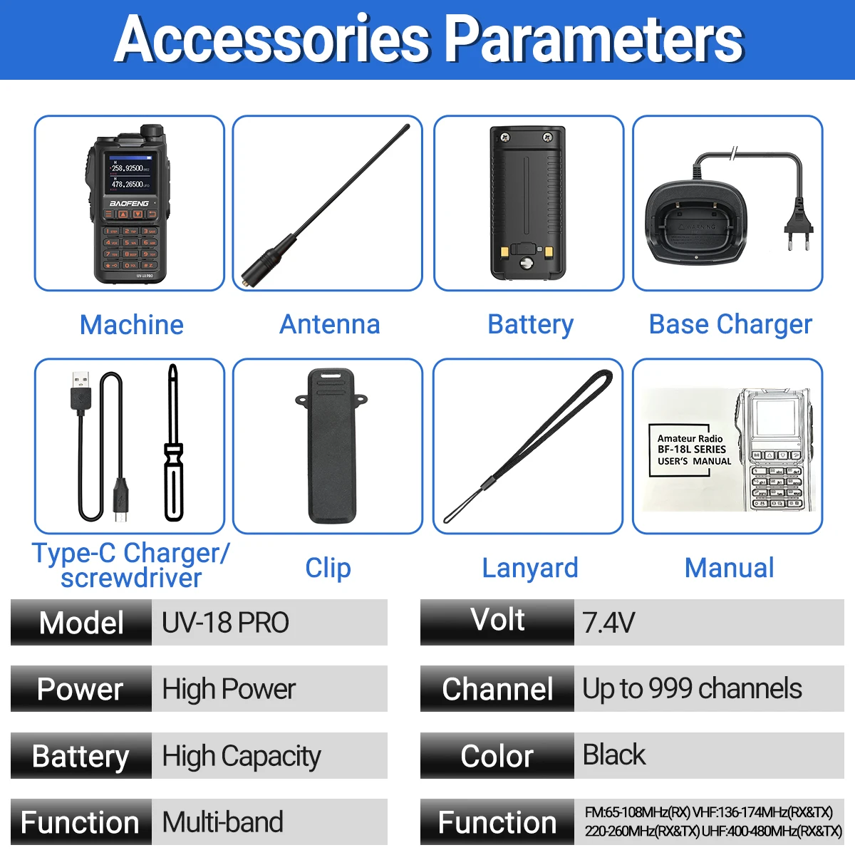Baofeng UV18 Pro Walkie Talkie - 10W Long Range VHF UHF Two Way Radio with 999 Channels & NOAA