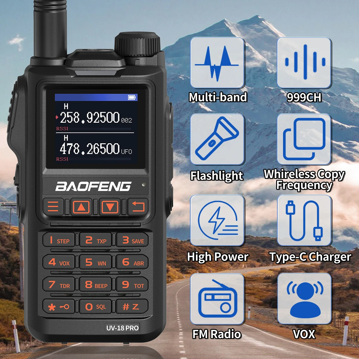 Baofeng UV18 Pro Walkie Talkie - 10W Long Range VHF UHF Two Way Radio with 999 Channels & NOAA