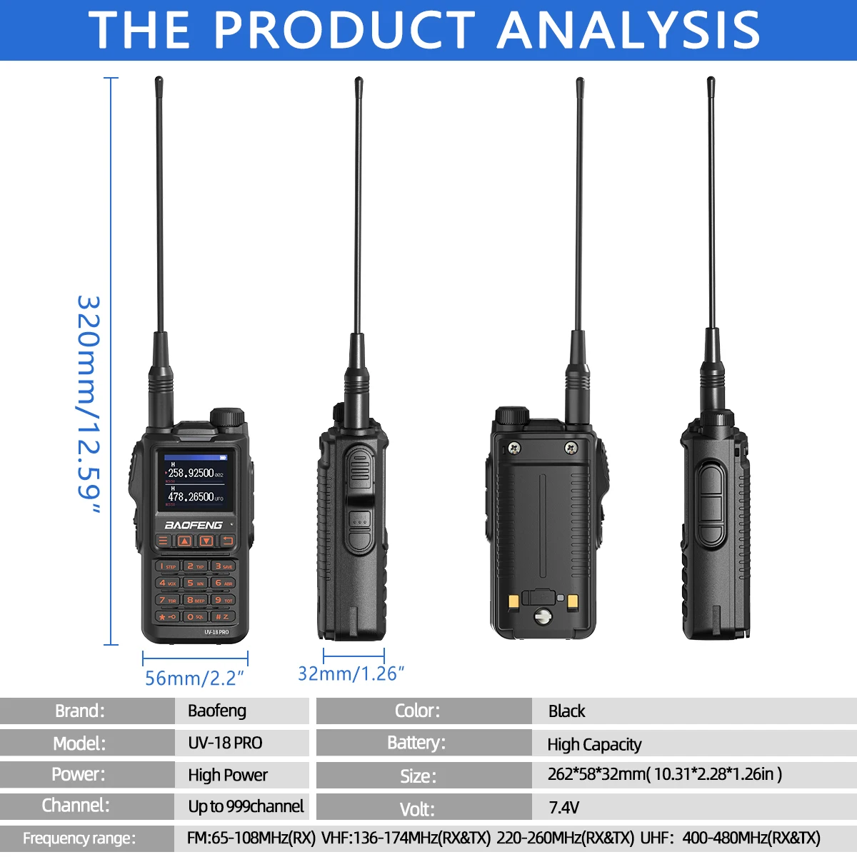Baofeng UV18 Pro Walkie Talkie - 10W Long Range VHF UHF Two Way Radio with 999 Channels & NOAA
