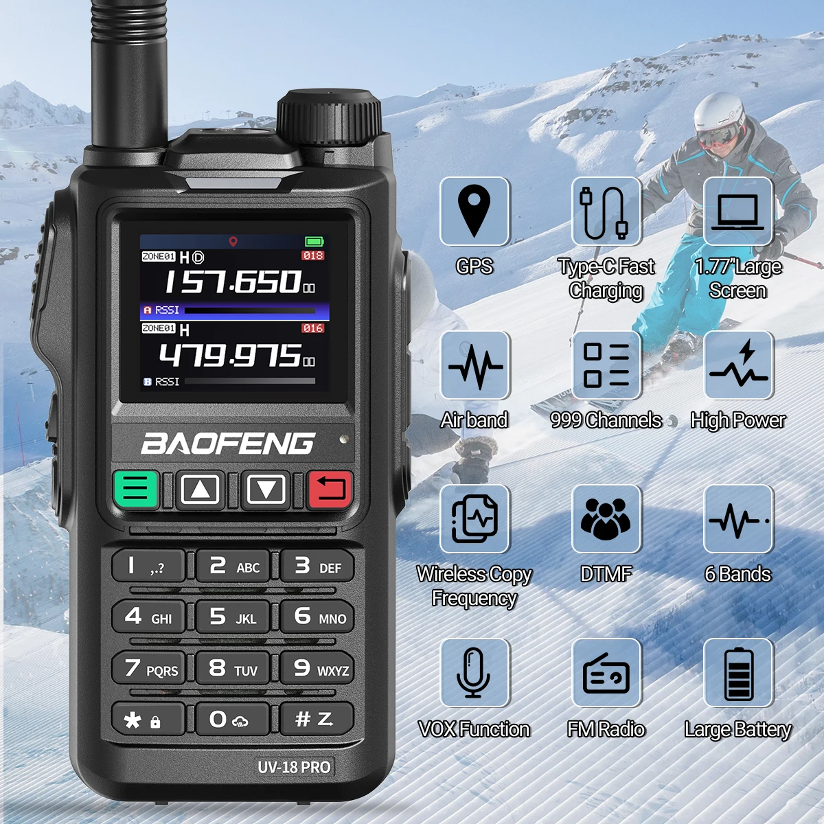 Walkie Talkie Baofeng UV18 PRO MAX GPS Air Band - Rádio Ham de 10W de longo alcance para caça e aventuras ao ar livre