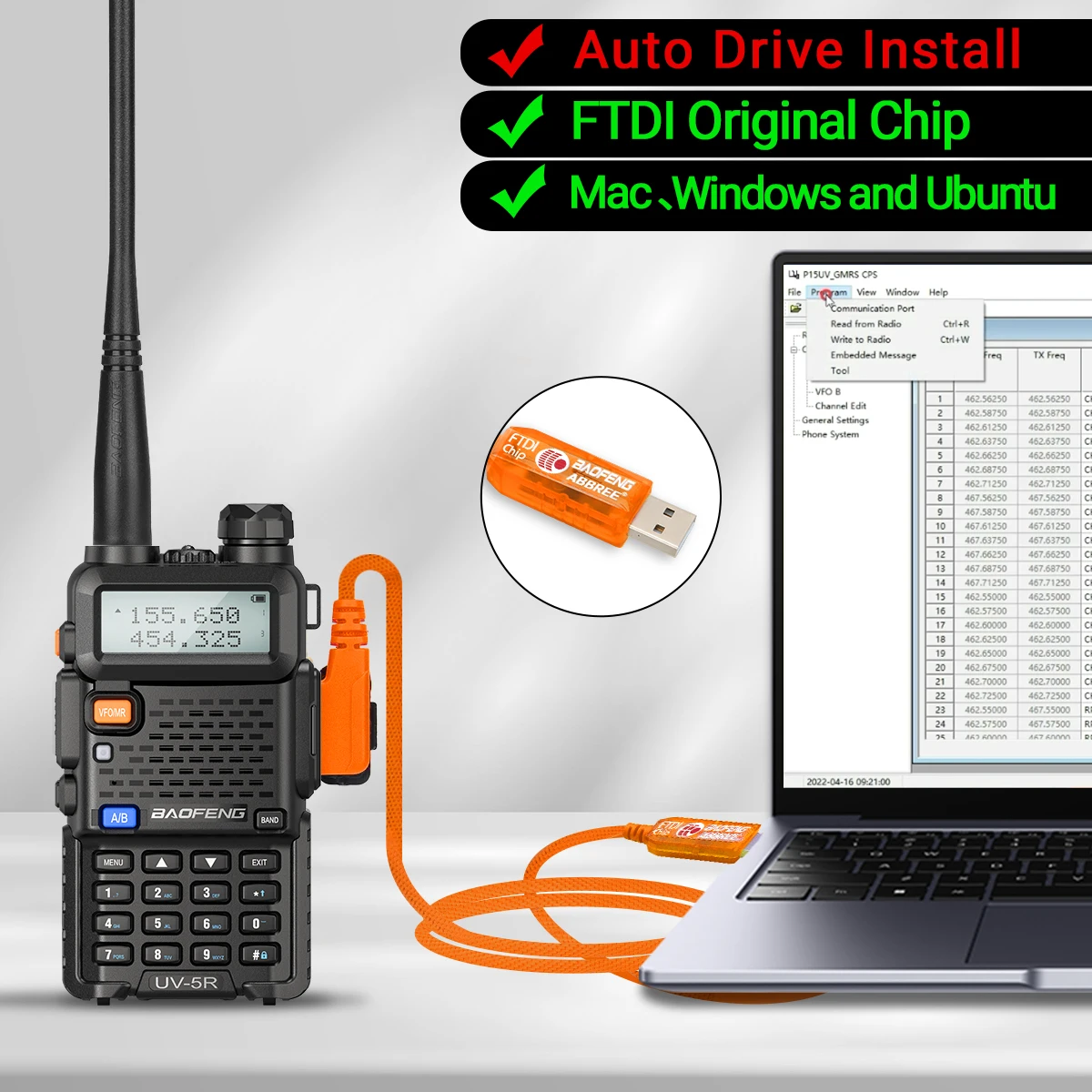 FTDI Chip USB Programming Cable for Baofeng UV-5R & Quansheng Walkie Talkies - Free Driver & CD