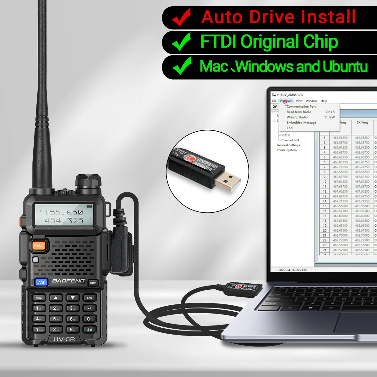 FTDI Chip USB Programming Cable for Baofeng UV-5R & Quansheng Walkie Talkies - Free Driver & CD