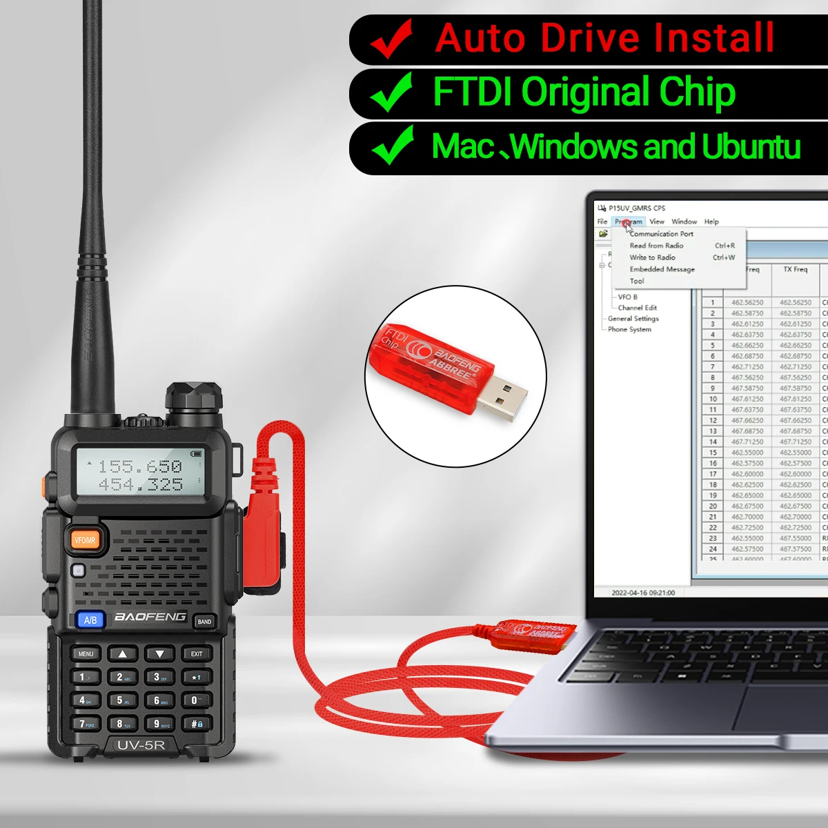 FTDI Chip USB Programming Cable for Baofeng UV-5R & Quansheng Walkie Talkies - Free Driver & CD