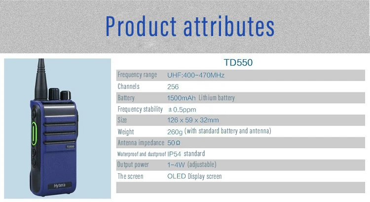 Hytera-TD550 Analog or Digital Wireless Walkie, High Power Recording Function, DMO True 2-Slot,