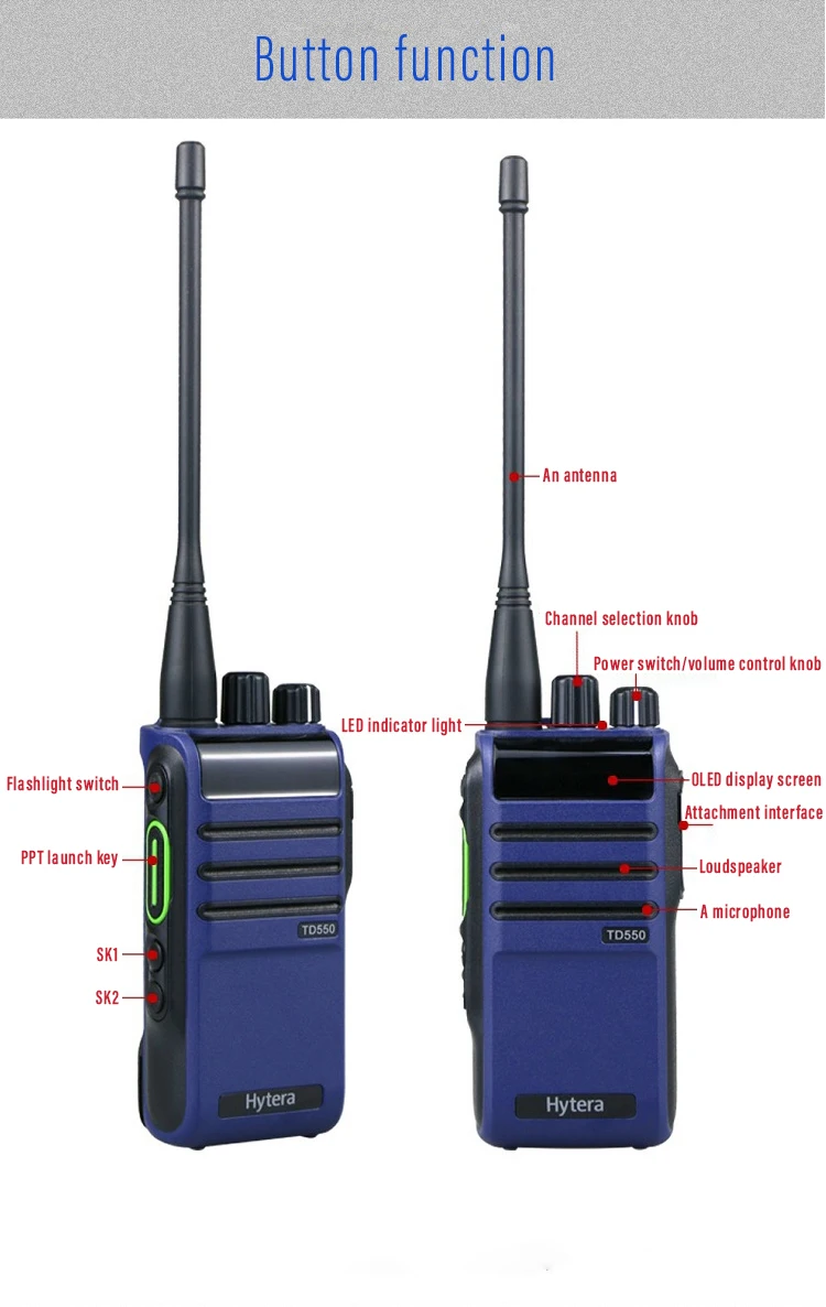 Hytera-TD550 Analog or Digital Wireless Walkie, High Power Recording Function, DMO True 2-Slot,