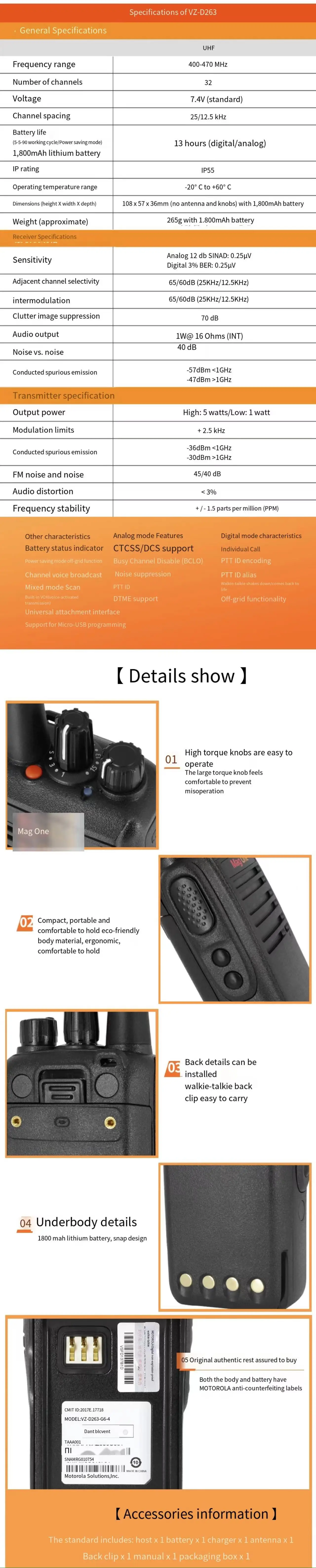Motorola-Original Walkie-talkie VZ-D263, Suitable for Handheld Long Distance Communication, Por