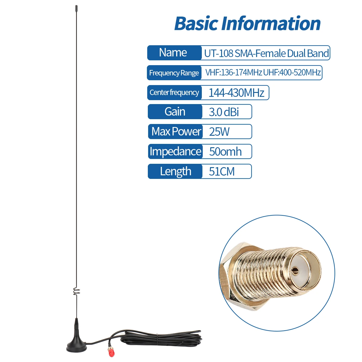 UT-108UV Magnetic Dual Band Car Antenna - SMA-Female for BAOFENG UV-5R, BF-888S, Quansheng UV-K