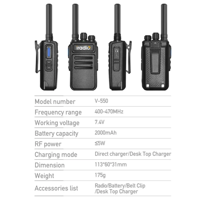 Iradio V550 Two Way Radio - side view