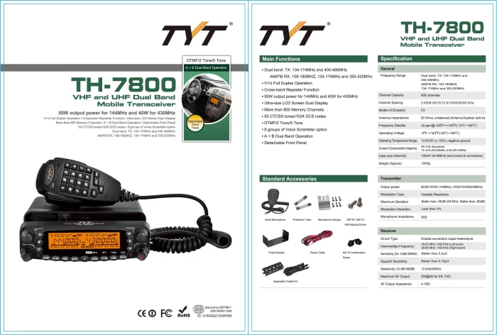 TYT TH-7800 Car Radio Walkie talkie Dual Band