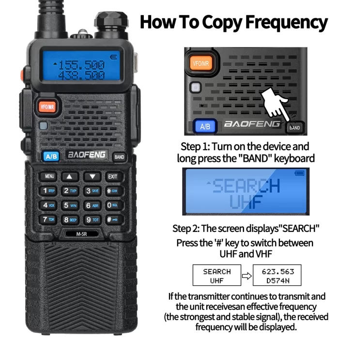 Baofeng M-5R Air Band Walkie Talkie - 3800mAh Battery, Long Range, Frequency Copying, Ham Radio Compatibility - Image 3