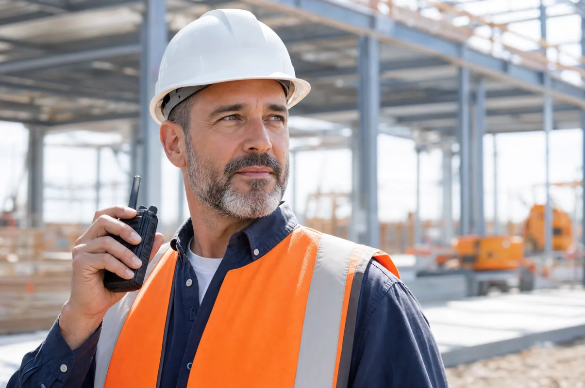 Construction supervisor using LUOTWO PoC two-way radio on a bright building site