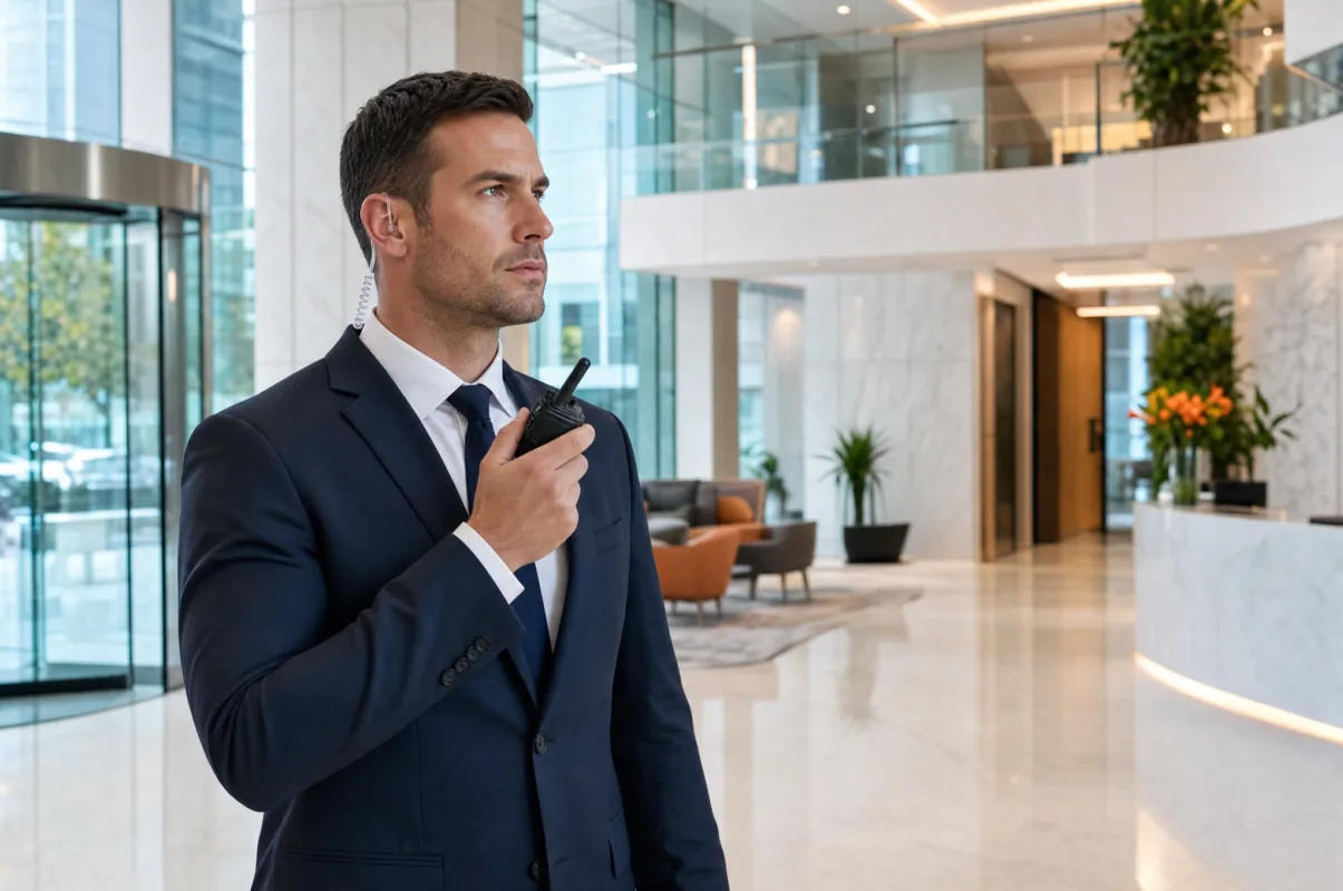 Security professional with earpiece and PoC radio in a modern corporate lobby