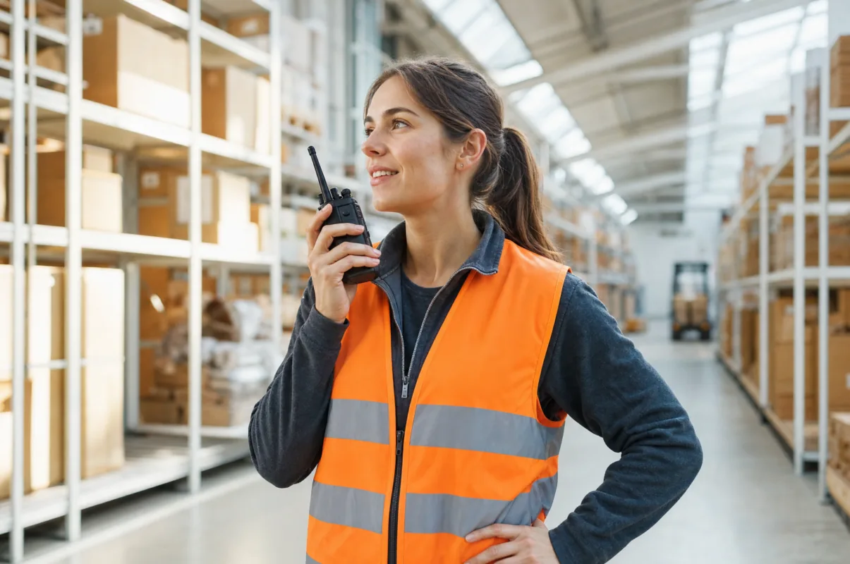 Warehouse coordinator talking on a two-way radio in a bright fulfillment aisle